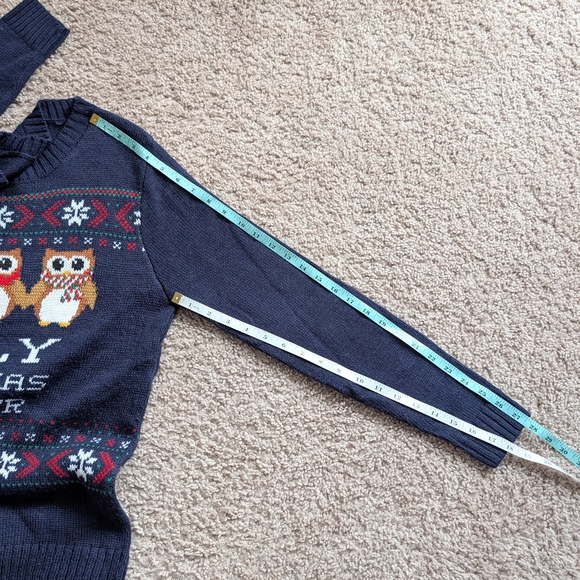 Belle Du Jour Navy Blue Ugly Christmas Owl Snowflake Sweater Size Medium - Picture 9 of 9